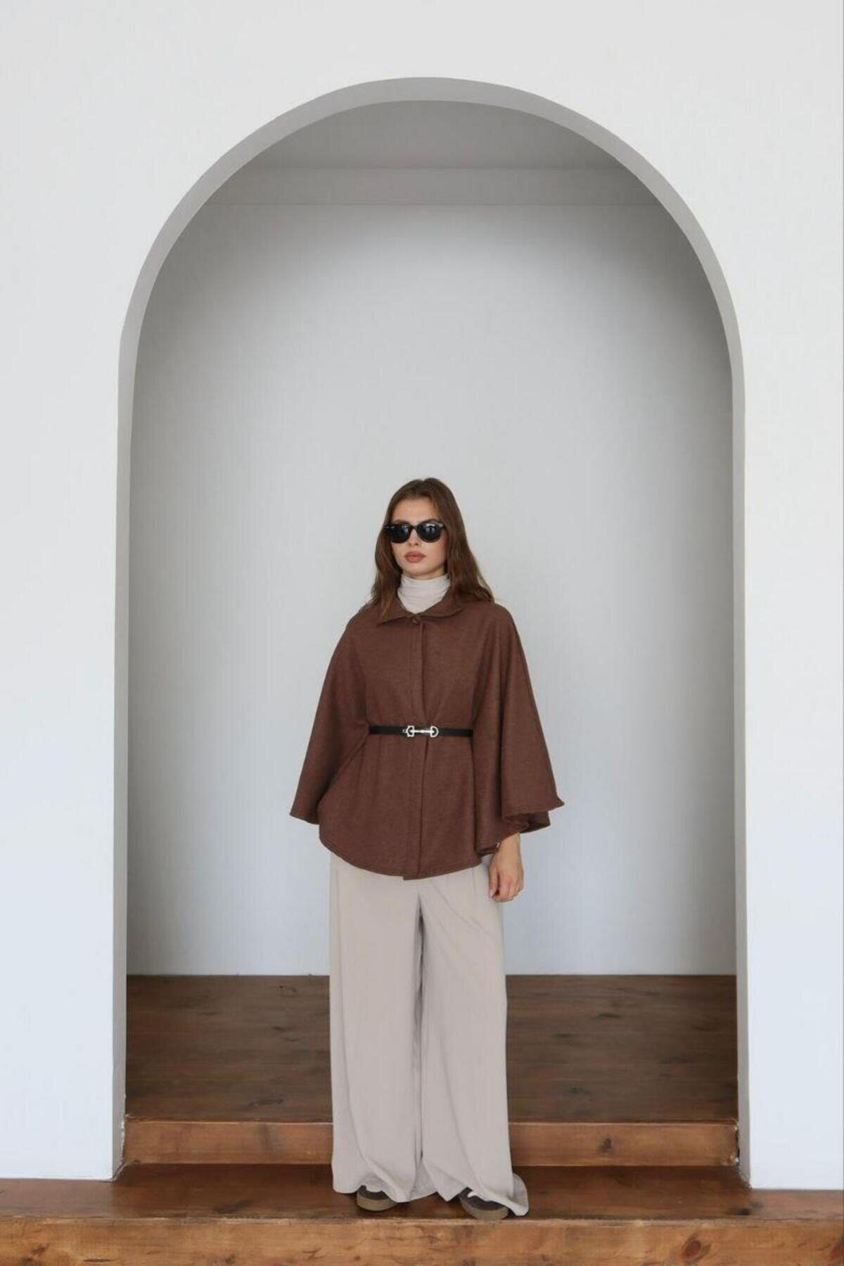 Felted Fabric Belted Cape Poncho - Brown - RAWEA FASHİON