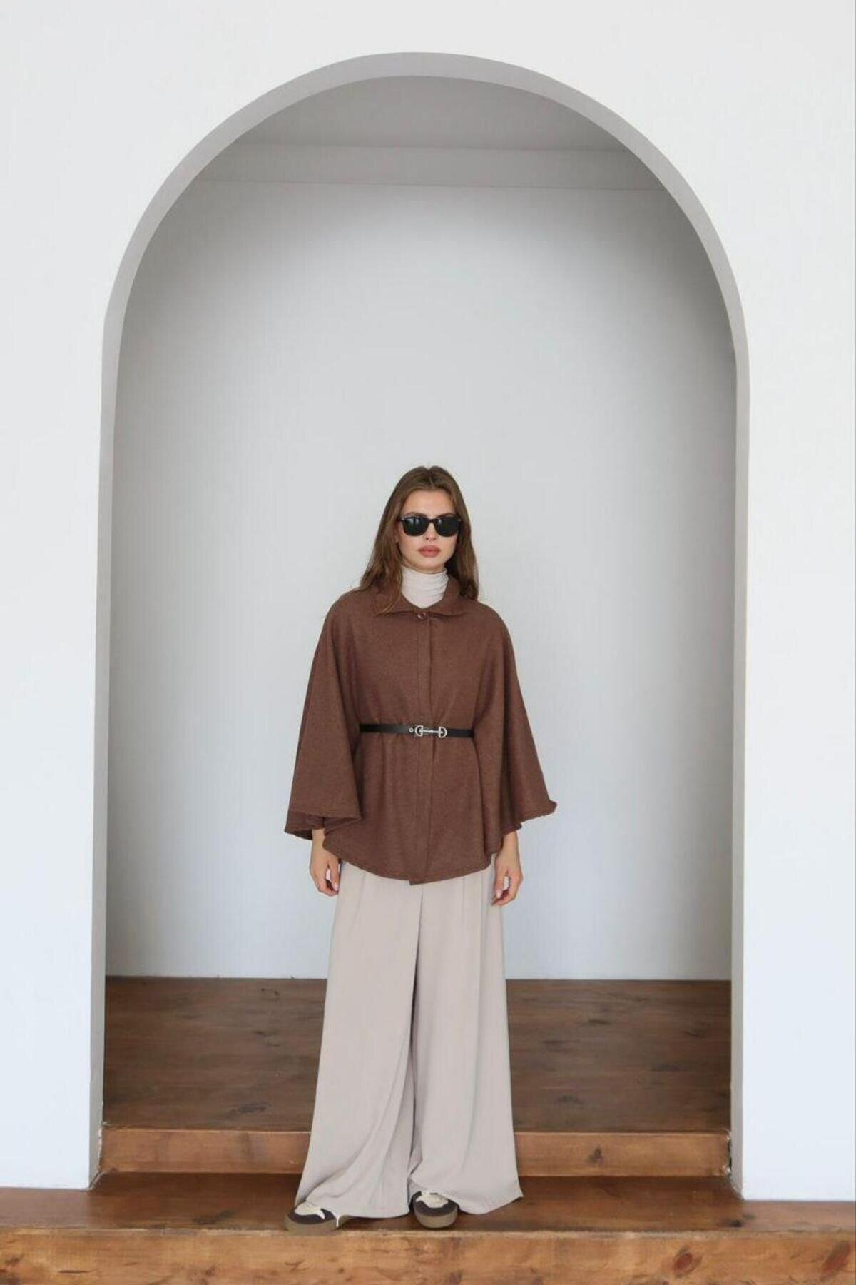 Felted Fabric Belted Cape Poncho - Brown - RAWEA FASHİON