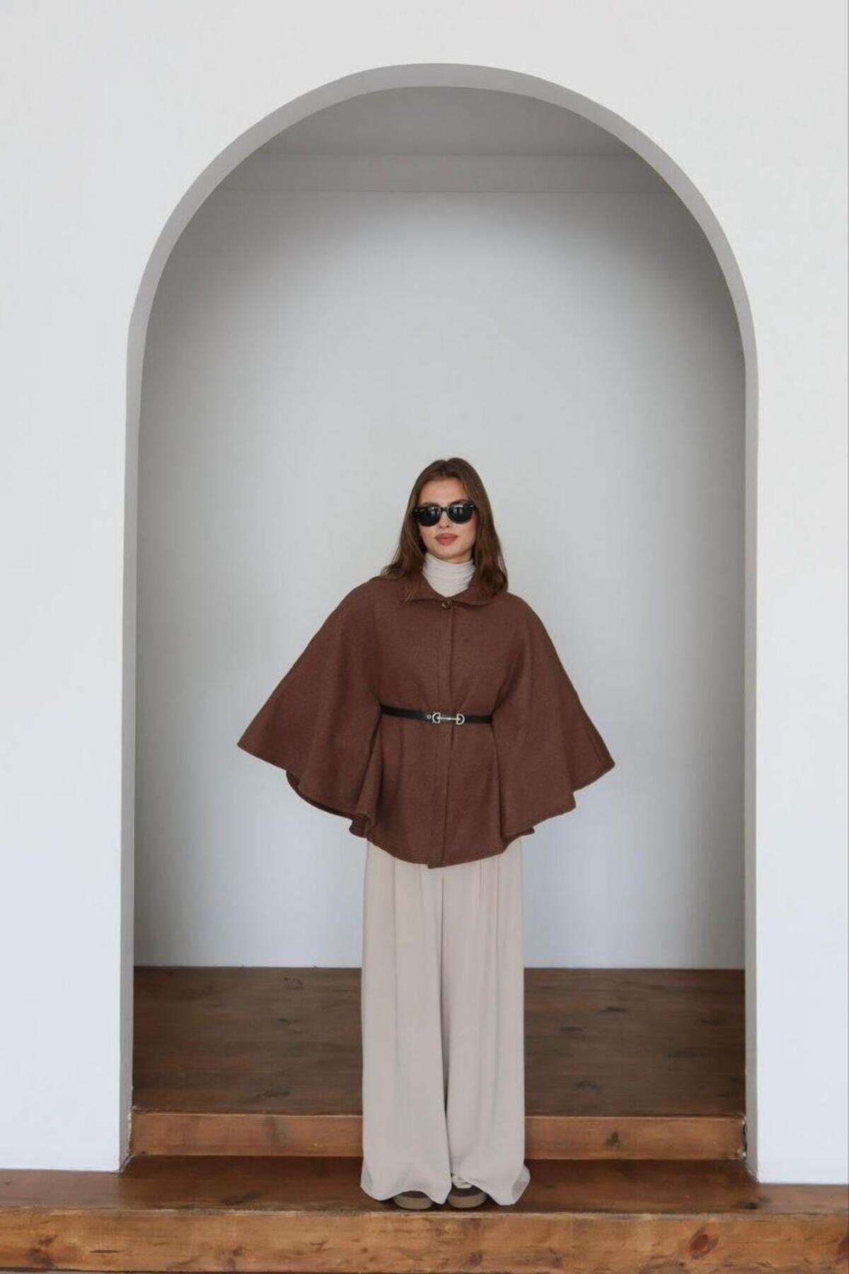 Felted Fabric Belted Cape Poncho - Brown - RAWEA FASHİON
