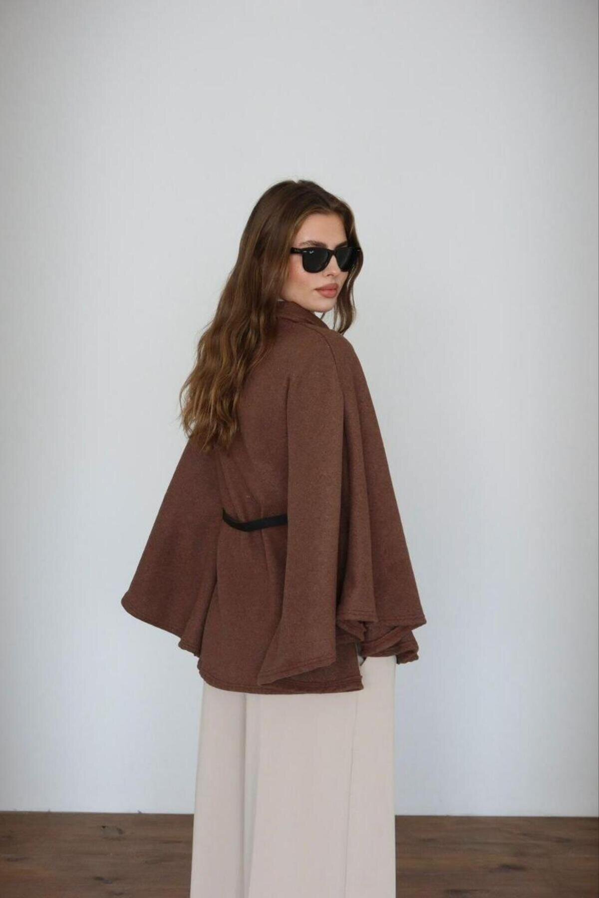 Felted Fabric Belted Cape Poncho - Brown - RAWEA FASHİON