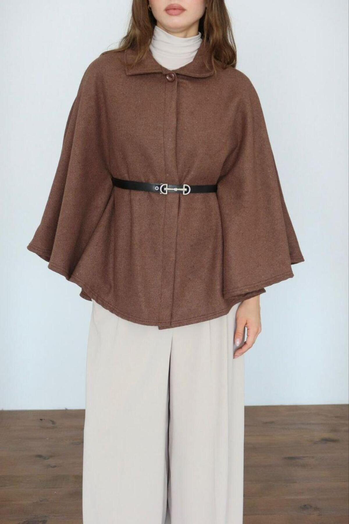 Felted Fabric Belted Cape Poncho - Brown - RAWEA FASHİON