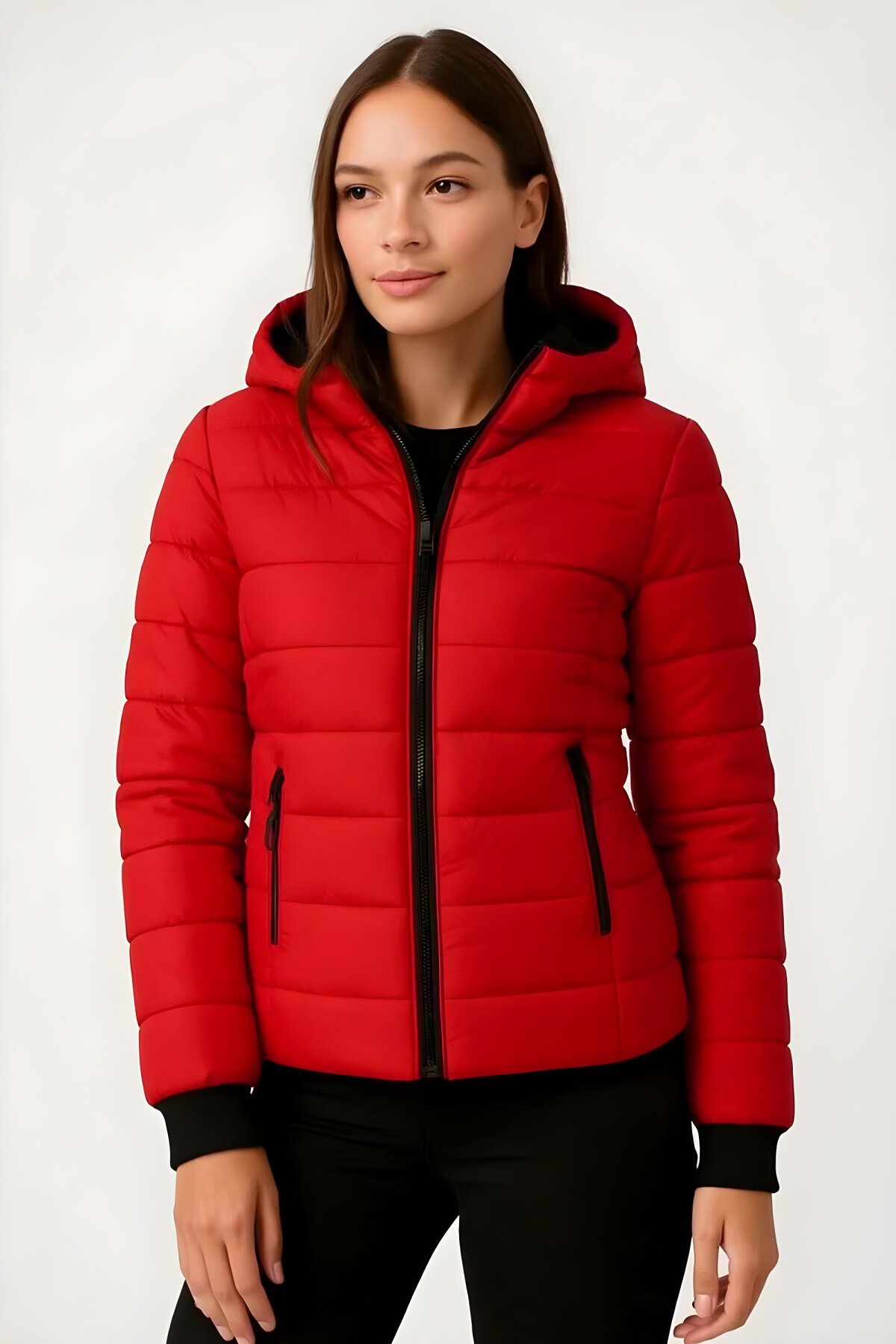 Kırmızı Su İtici Kapüşonlu Kapitone Astarlı Tesettür Mont - RAWEA FASHİON