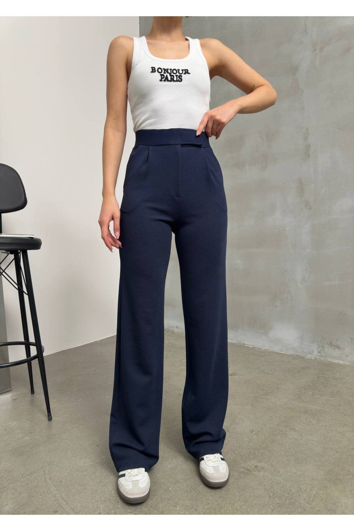 Palazzo Jacquard Velcro Modest Trousers - Navy Blue - RAWEA FASHİON