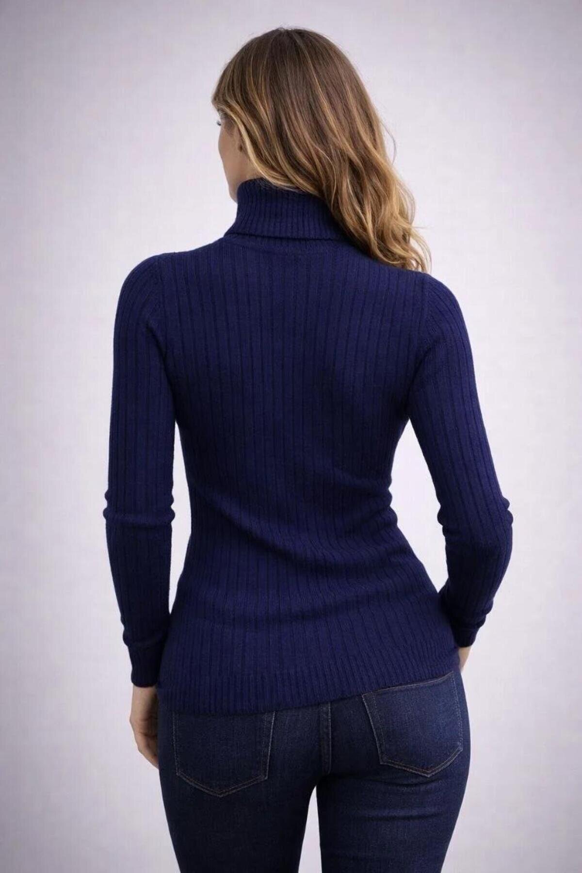 Turtleneck Thick Ribbed Cotton Knit Sweater - Navy Blue - RAWEA FASHİON