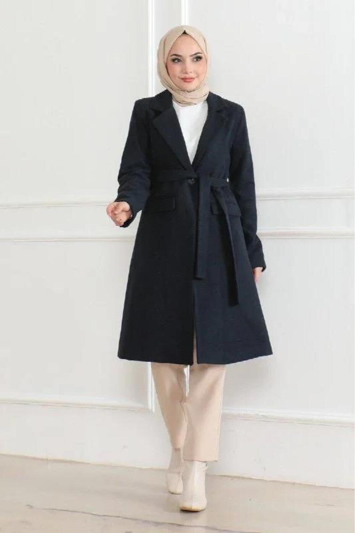 Long Double-breasted Melton Modest Overcoat - Navy Blue - RAWEA FASHİON