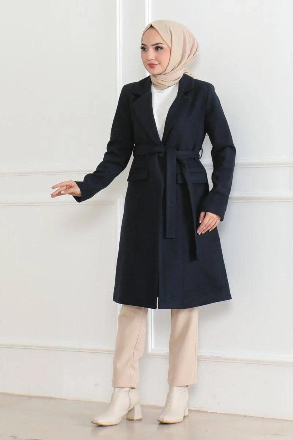 Long Double-breasted Melton Modest Overcoat - Navy Blue - RAWEA FASHİON