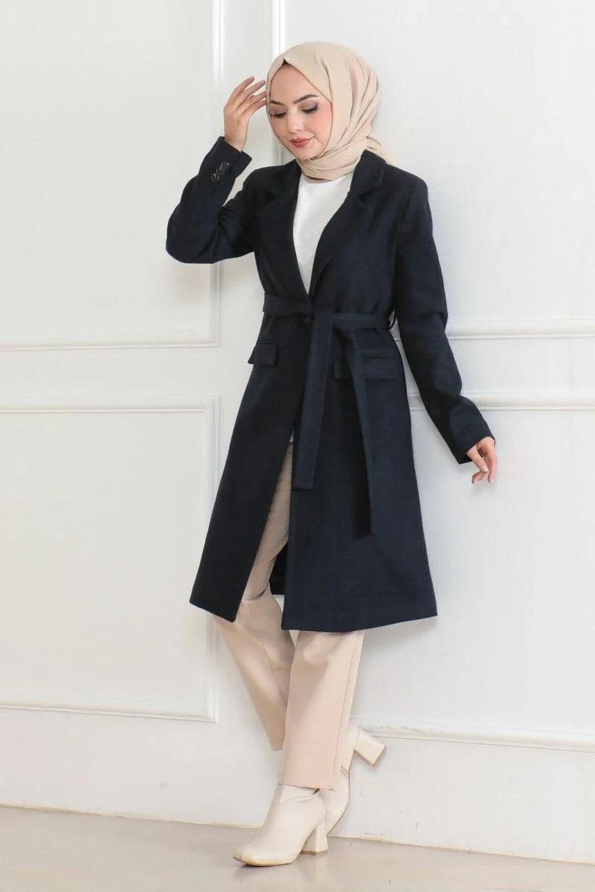 Long Double-breasted Melton Modest Overcoat - Navy Blue - RAWEA FASHİON