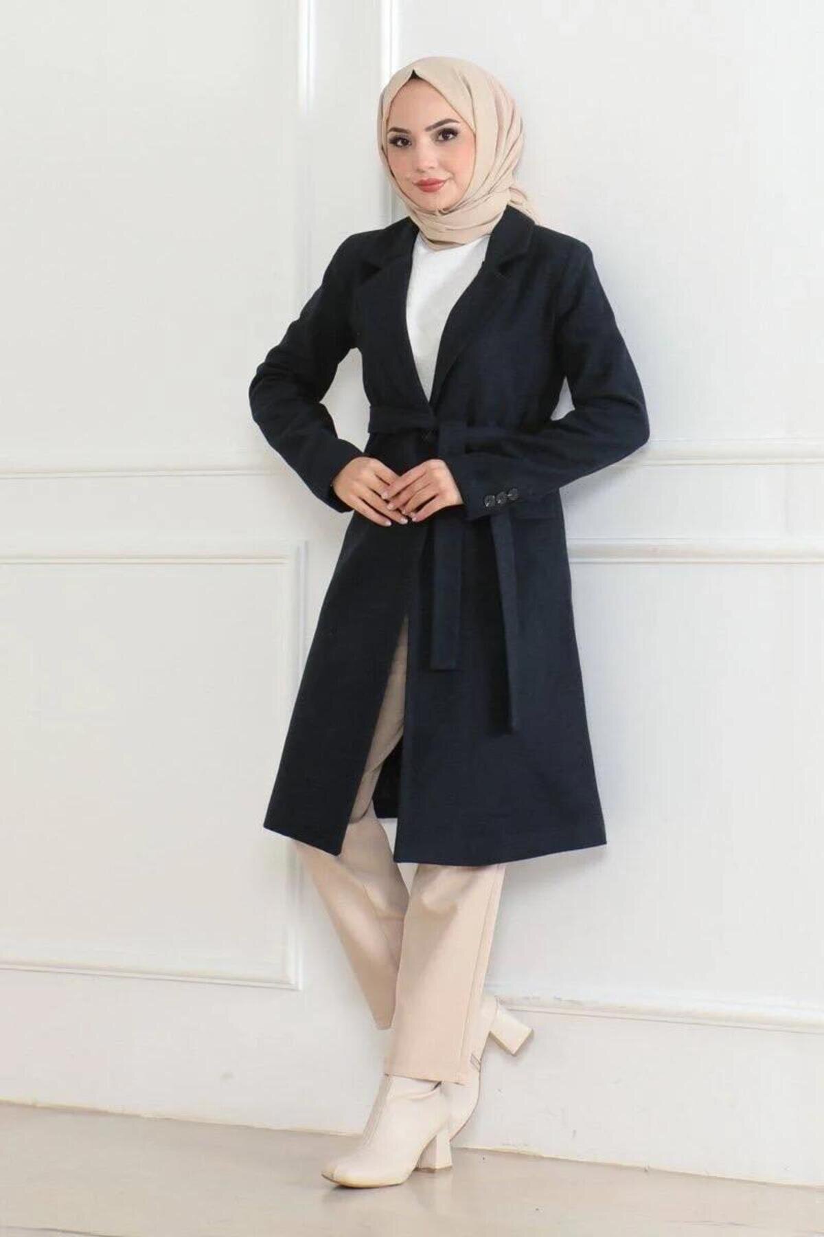 Long Double-breasted Melton Modest Overcoat - Navy Blue - RAWEA FASHİON