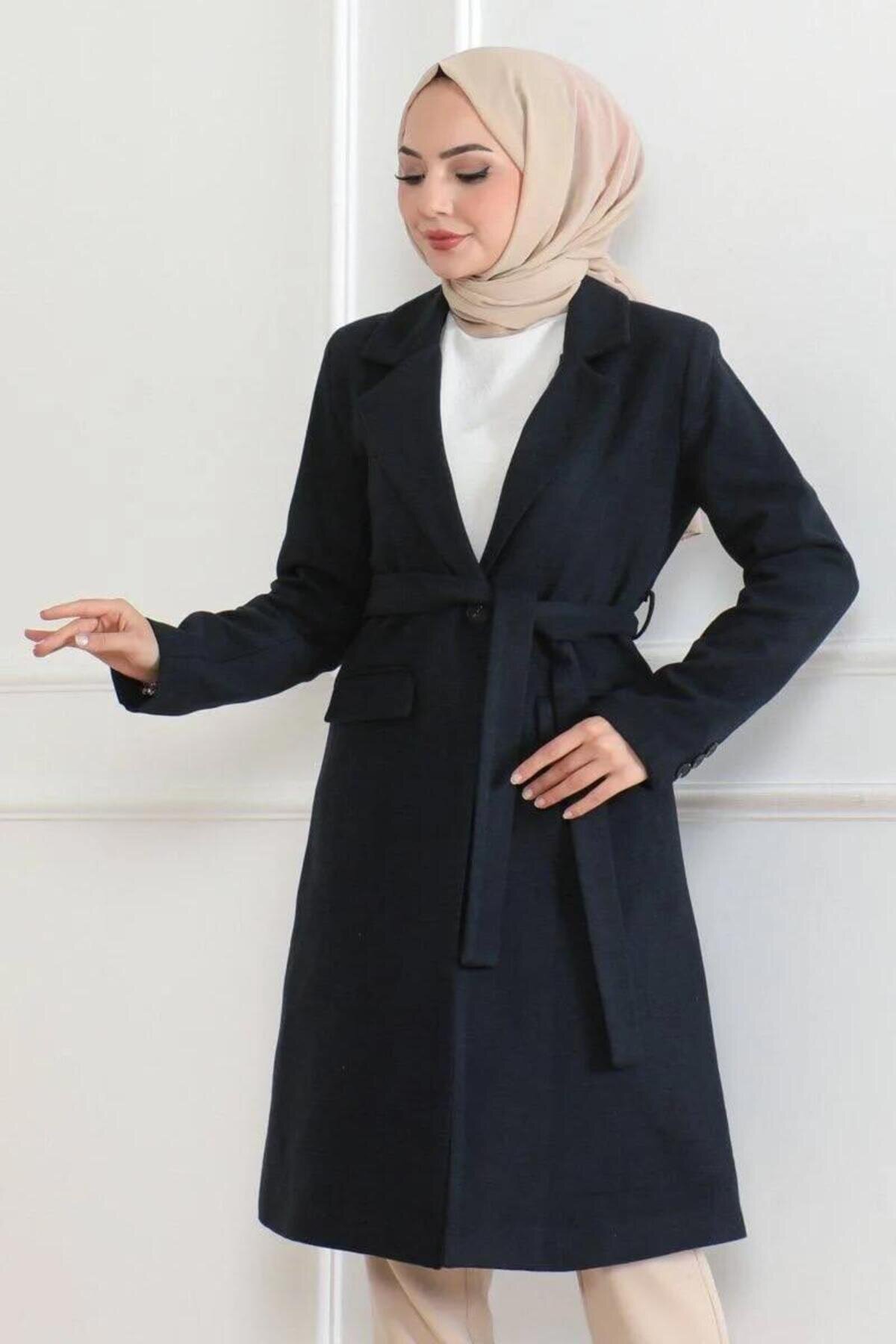 Long Double-breasted Melton Modest Overcoat - Navy Blue - RAWEA FASHİON