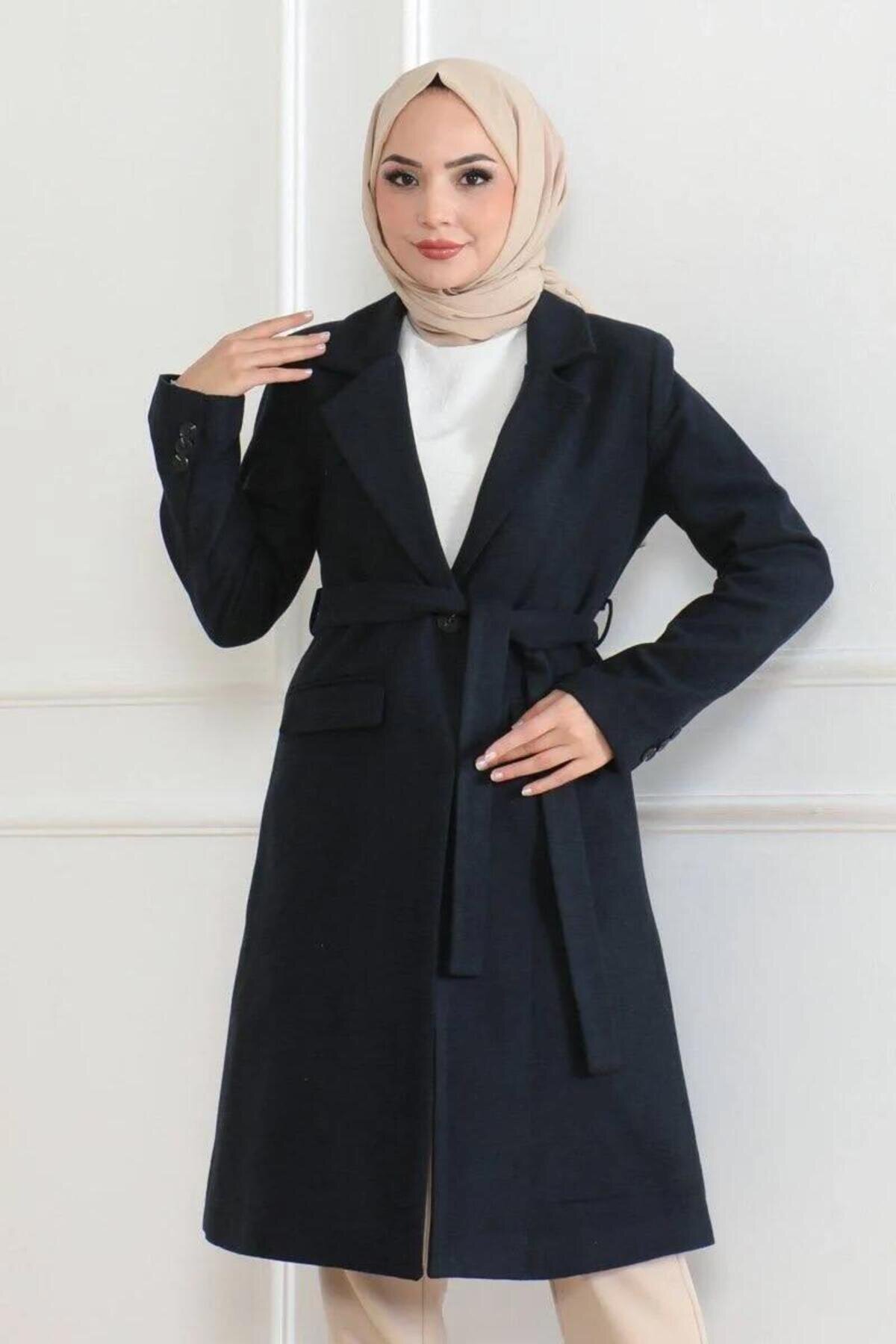 Long Double-breasted Melton Modest Overcoat - Navy Blue - RAWEA FASHİON
