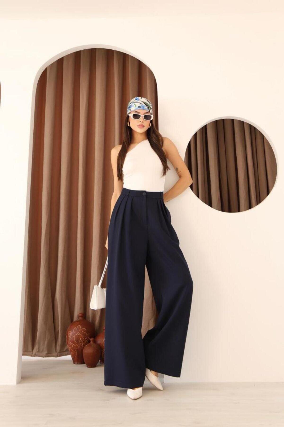 High-Waisted Pleated Palazzo Modest Pants - Navy - RAWEA FASHİON