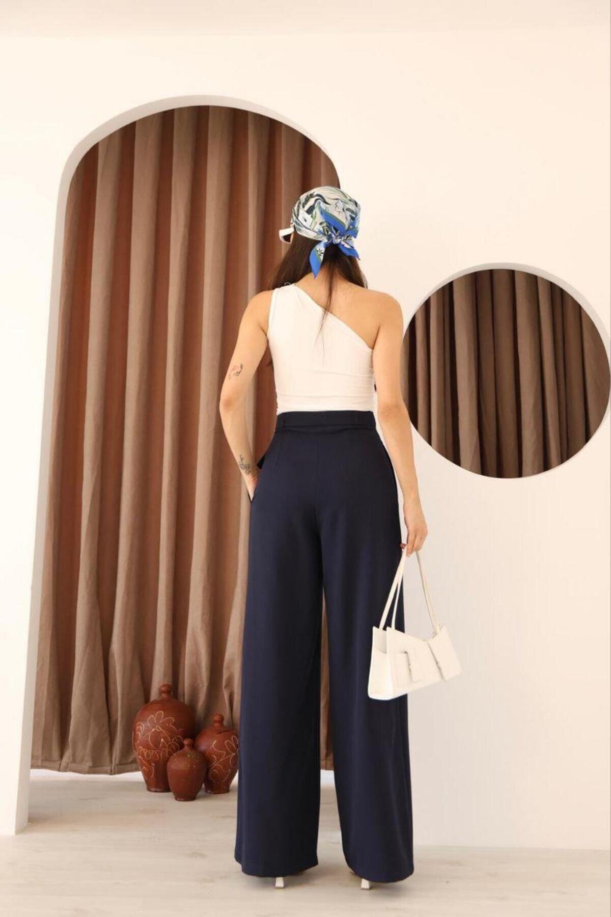 High-Waisted Pleated Palazzo Modest Pants - Navy - RAWEA FASHİON
