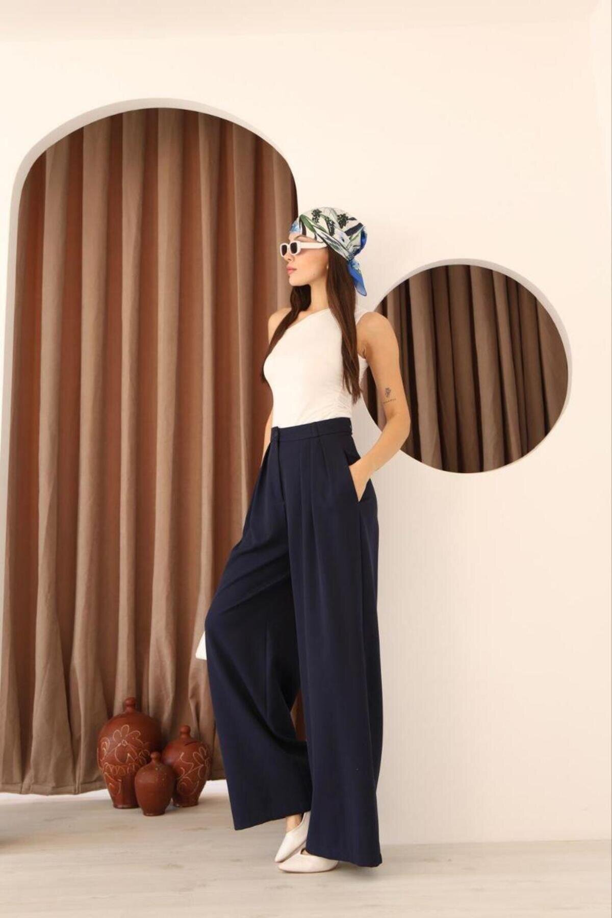 High-Waisted Pleated Palazzo Modest Pants - Navy - RAWEA FASHİON