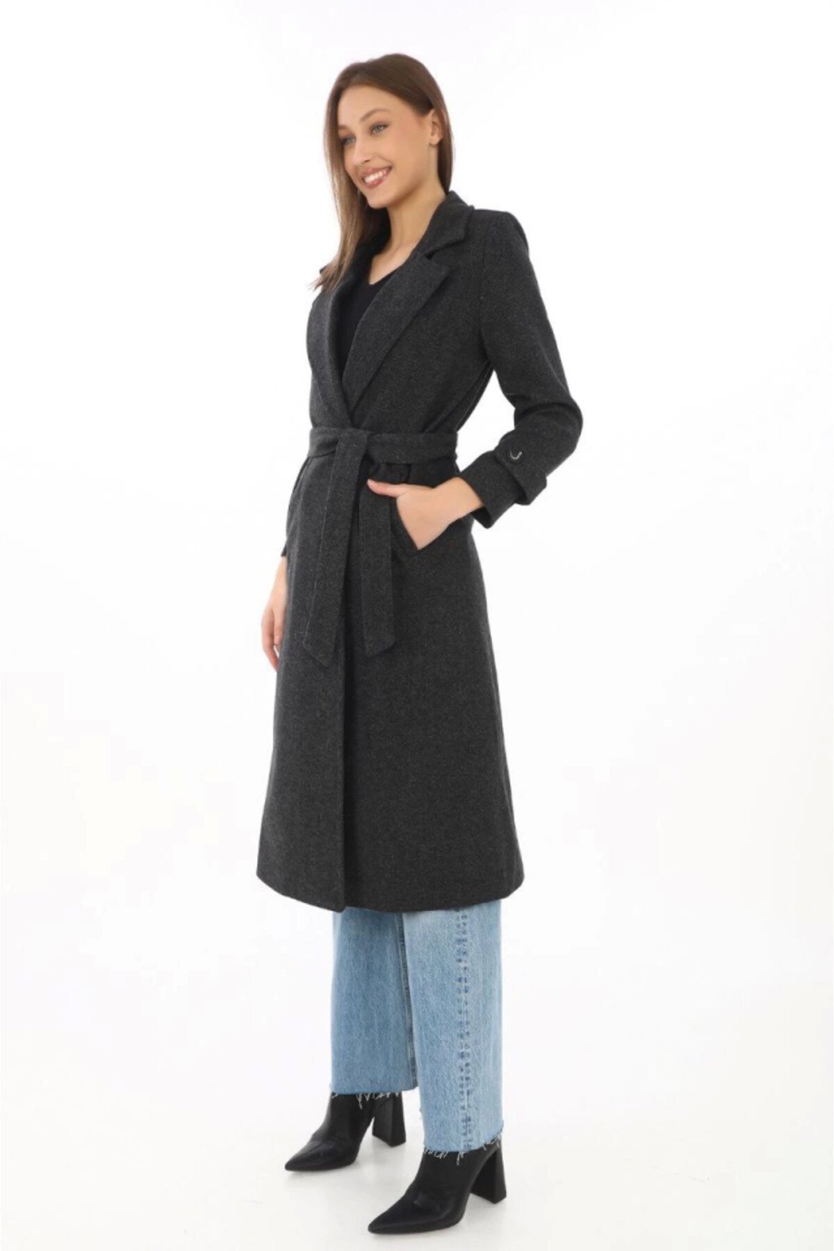 Lined Cashmere Blend Felted Modest Coat - Black - RAWEA FASHİON