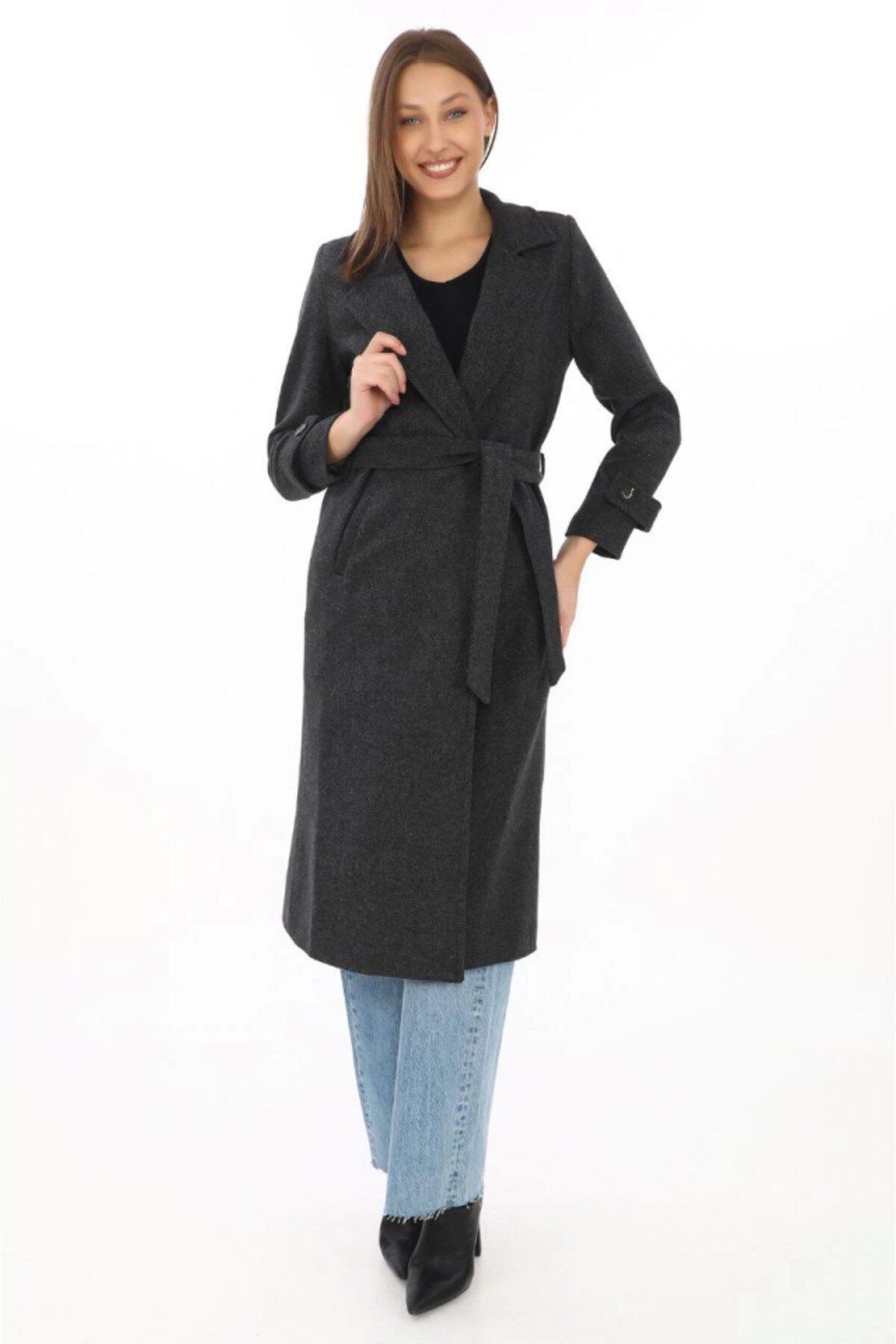 Lined Cashmere Blend Felted Modest Coat - Black - RAWEA FASHİON