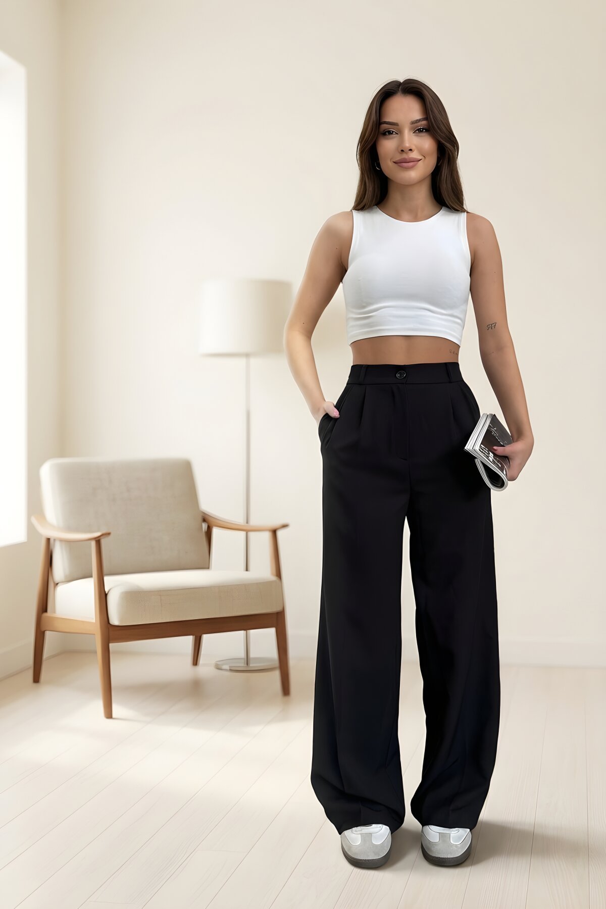 Siyah Palazzo Arkası Lastikli Dabıl Kumaş Tesettür Pantolon - RAWEA FASHİON