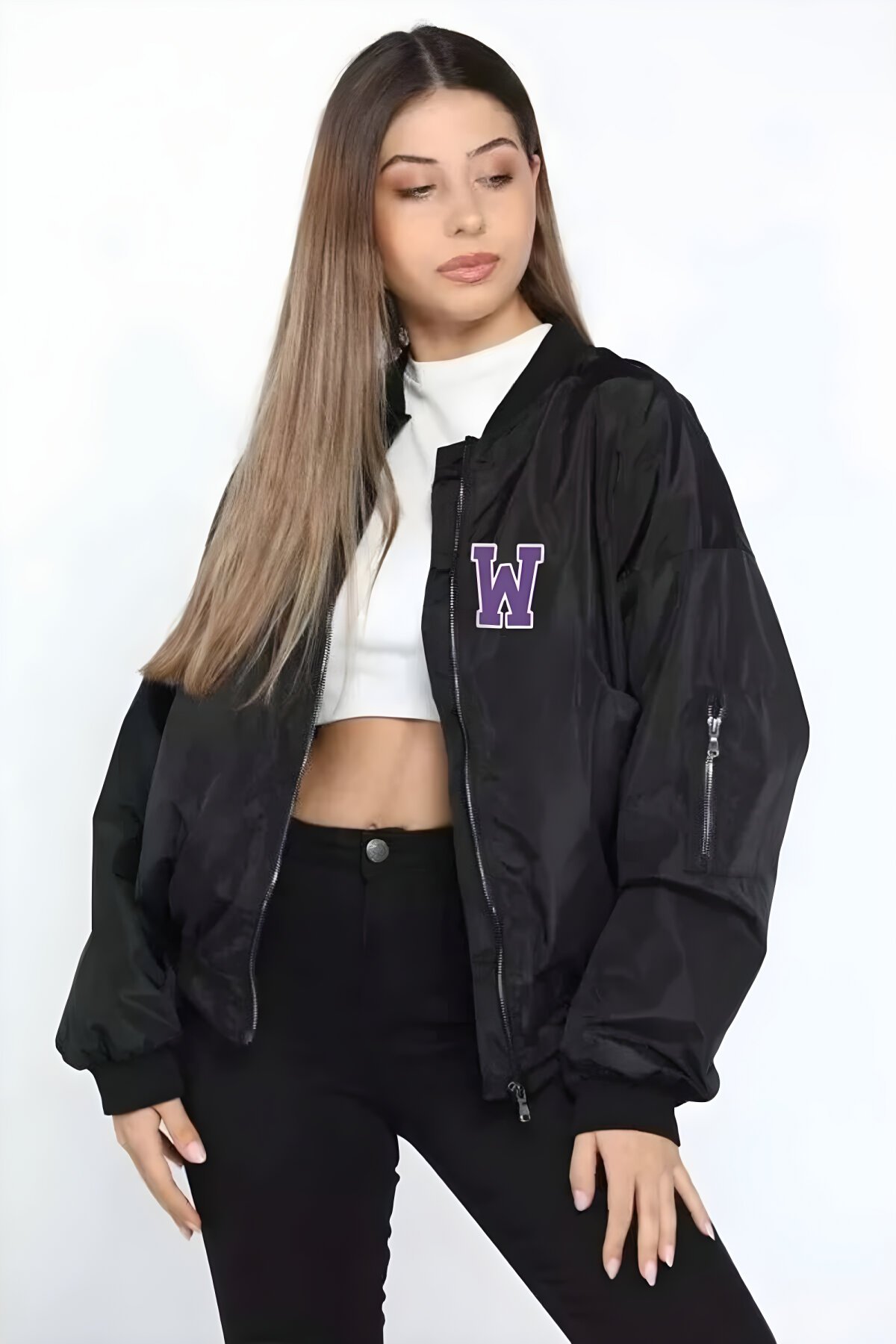 Siyah Wild One Baskılı Bomber Tesettür Ceket - RAWEA FASHİON