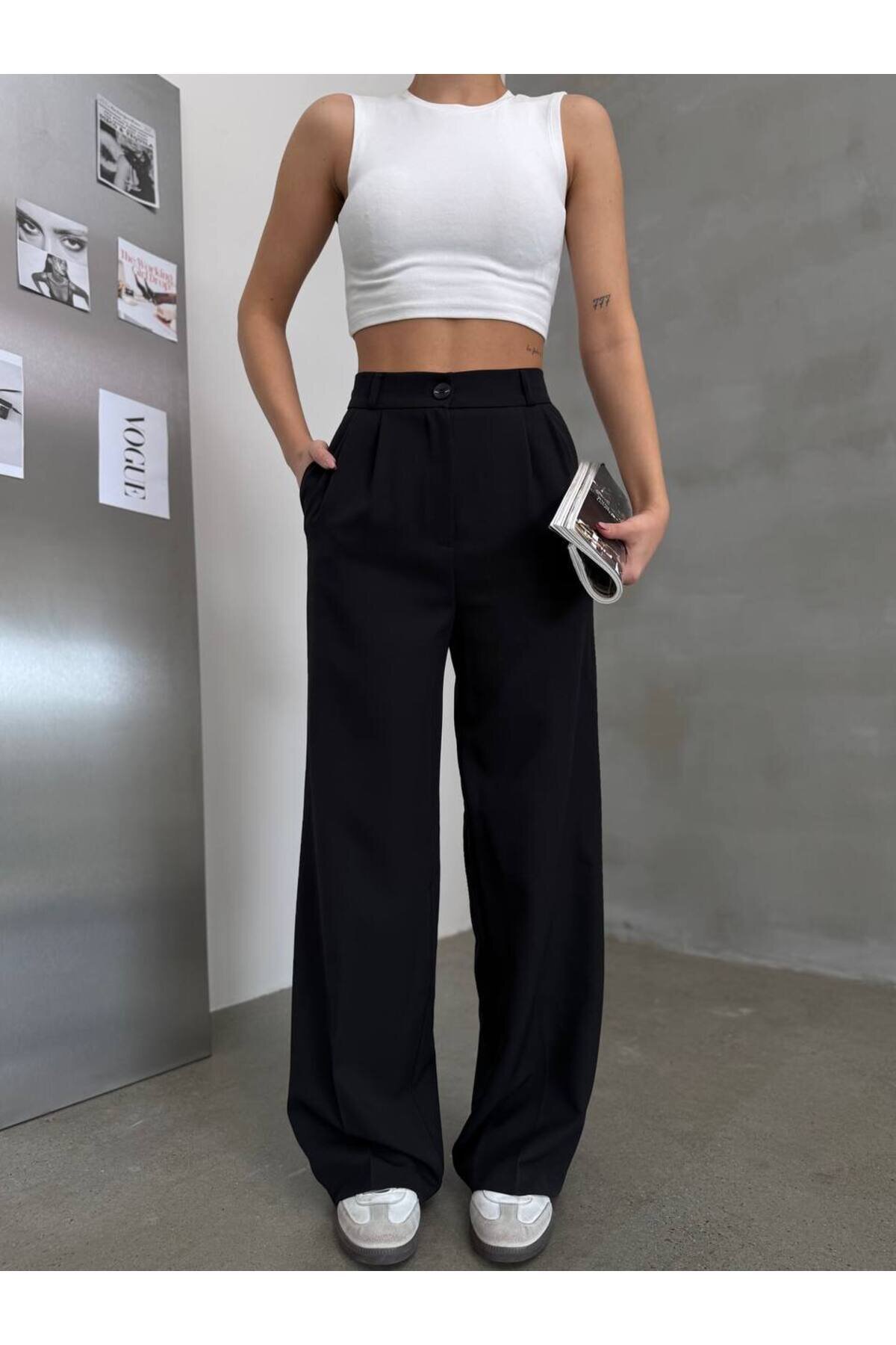 High-Waisted Wide-Leg Palazzo Modest Pants - Black - RAWEA FASHİON