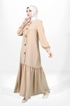 Bej Çiçek Detaylı Fiyonklu Eteği Büzgülü Tesettür Elbise
