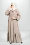 Bej Eteği Volanlı Fermuarlı Taş Aksesuarlı Ferace