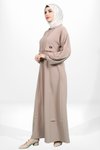 Bej Kapşonlu Kolu Lastikli Tesettür Elbise