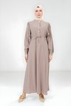 Bej Modal Düğme Detaylı Tesettür Elbise