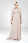 Bej Nervür Detaylı Tesettür Elbise