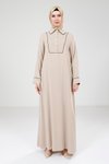Bej Nervür Detaylı Tesettür Elbise