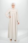 Bej Robadan Kesim Manşeti Düğmeli Tesettür Elbise