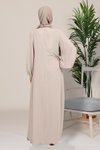 Bej Şark Kolları Pili ve İnci Detaylı Tesettür Abiye Elbise