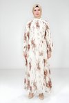 Beyaz Kahverengi Baskılı Şifon Tesettür Elbise