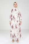 Beyaz Mürdüm Baskılı Tesettür Elbise