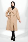 Camel Düğmeli Kuşaklı Büzgü Kol Trençkot