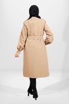 Camel Düğmeli Kuşaklı Büzgü Kol Trençkot