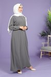 Gri Dolunay Kloş Kesim Beli Kemerli Tesettür Elbise