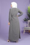 Gri Dolunay Kloş Kesim Beli Kemerli Tesettür Elbise