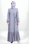 Gri Fermuarlı Eteği Büzgülü Bağlama Detaylı Ferace