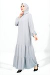 Gri Kolu Lastikli Eteği Fırfırlı Tesettür Elbise