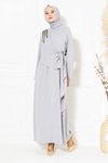 Gri Sonay Omuzdan Taş Detaylı Tesettür Abiye Elbise