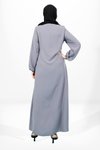 Gri Yandan Bağlamalı Nakış Detaylı Ferace