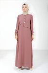 Gül Kurusu Düğme Detaylı Kolu Büzgülü Tesettür Elbise