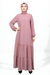Gül Kurusu Eteği Fırfırlı Kolu Lastikli Tesettür Elbise