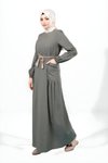 Haki Bisiklet Yaka Seyyar İp Kemerli Cebi Taşlı Tesettür Elbise
