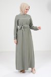 Haki Biye Detaylı Tesettür Elbise
