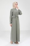 Haki Biye Detaylı Tesettür Elbise