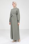 Haki Biye Detaylı Tesettür Elbise