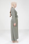 Haki Biye Detaylı Tesettür Elbise