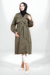 Haki Düğmeli Kuşaklı Büzgü Kol Trençkot