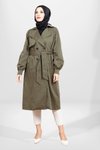 Haki Düğmeli Kuşaklı Büzgü Kol Trençkot