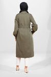 Haki Düğmeli Kuşaklı Büzgü Kol Trençkot